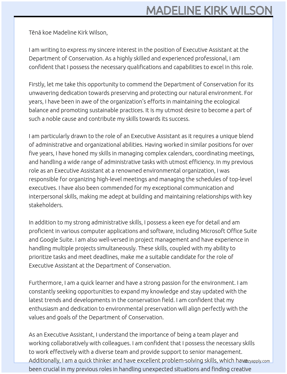 Executive Assistant  At Department of Conservation  Cover Letter