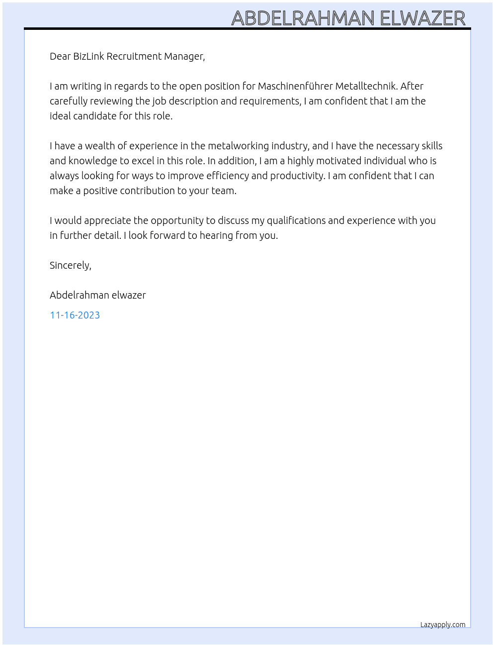  Maschinenführer Metalltechnik  At BizLink Cover Letter