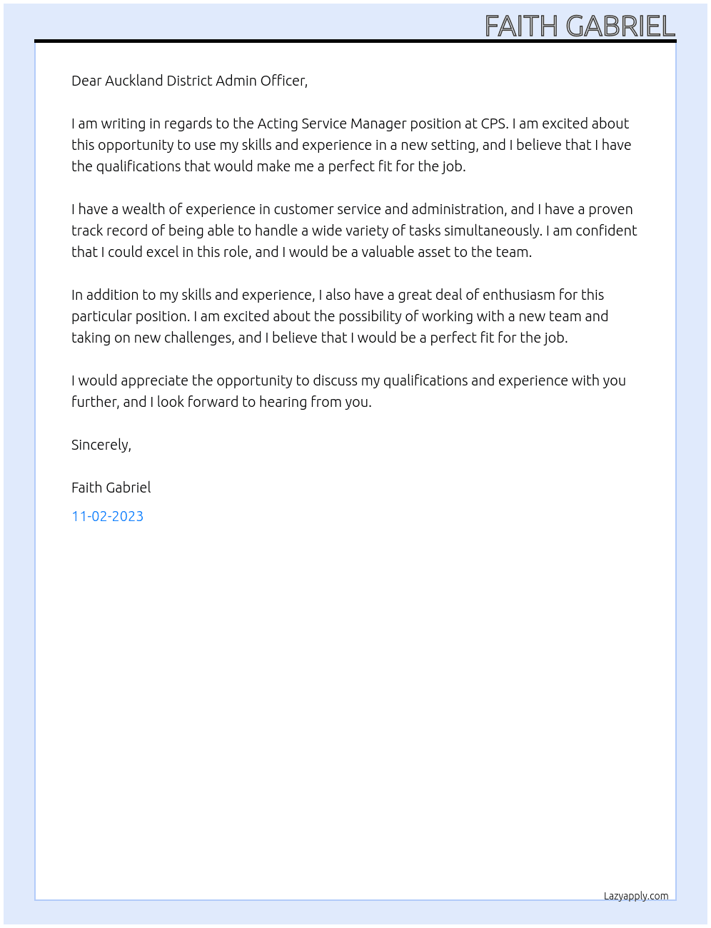Acting Service Manager At CPS Cover Letter