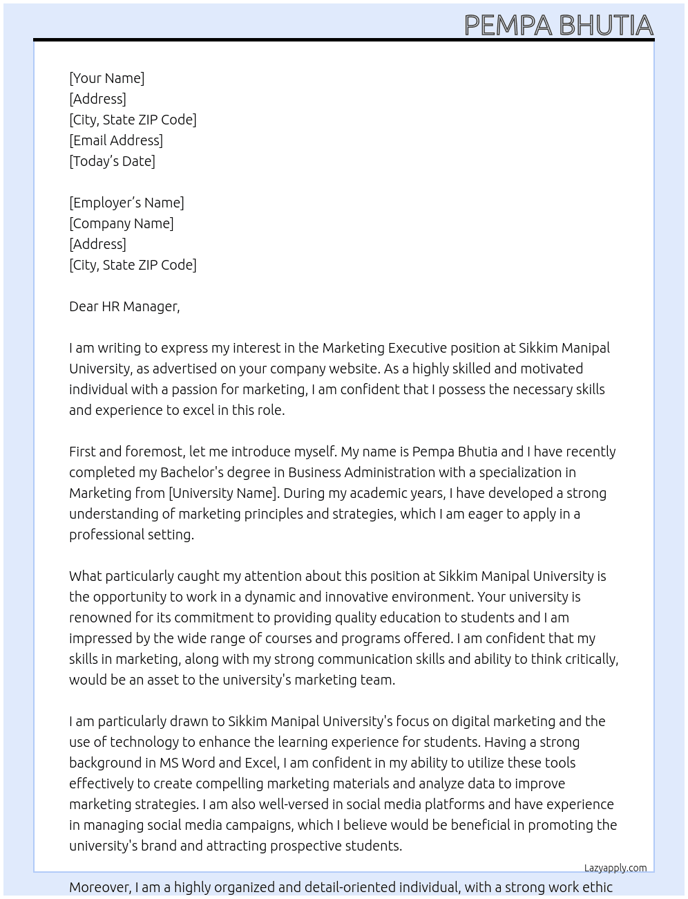 Marketing Executive At Sikkim Manipal University Cover Letter