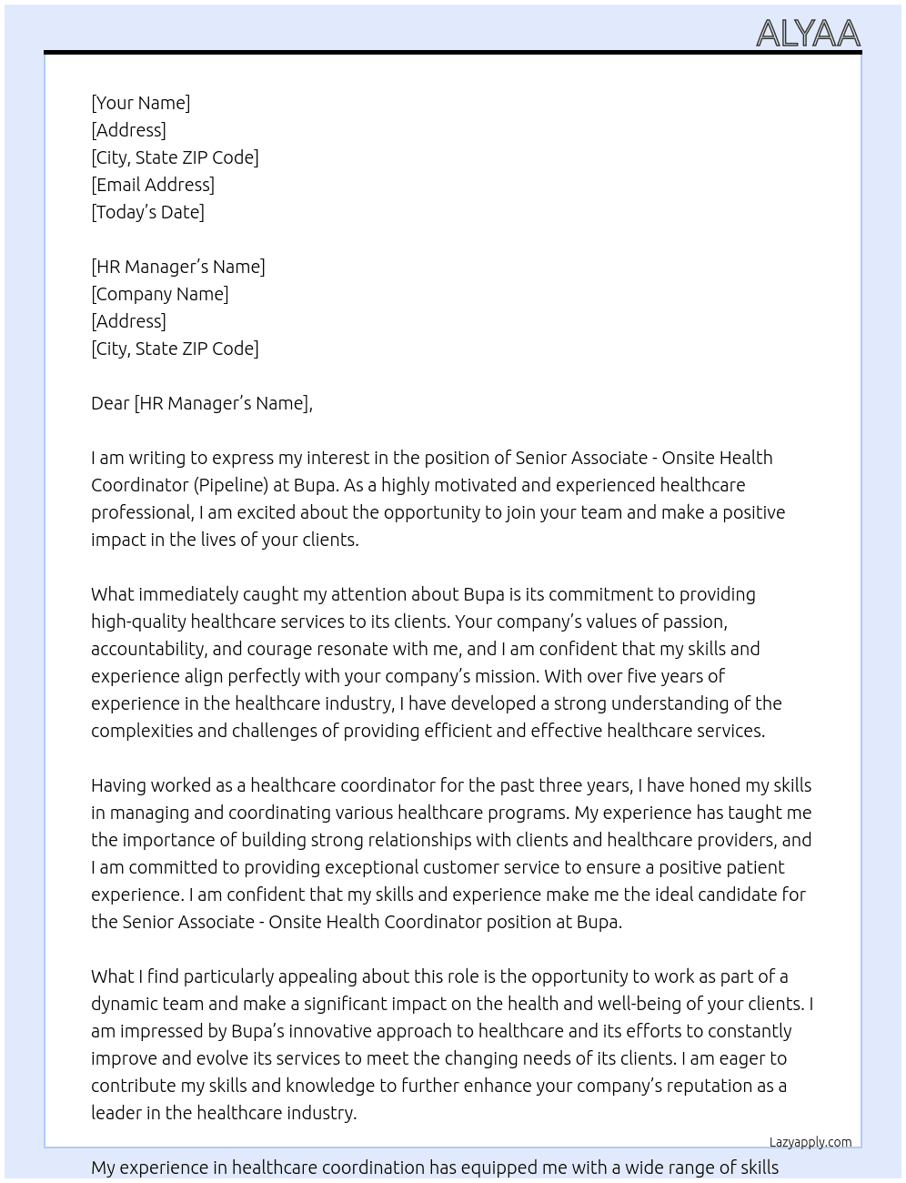 Senior Associate - Onsite Health Coordinator (Pipeline) At Bupa Cover Letter