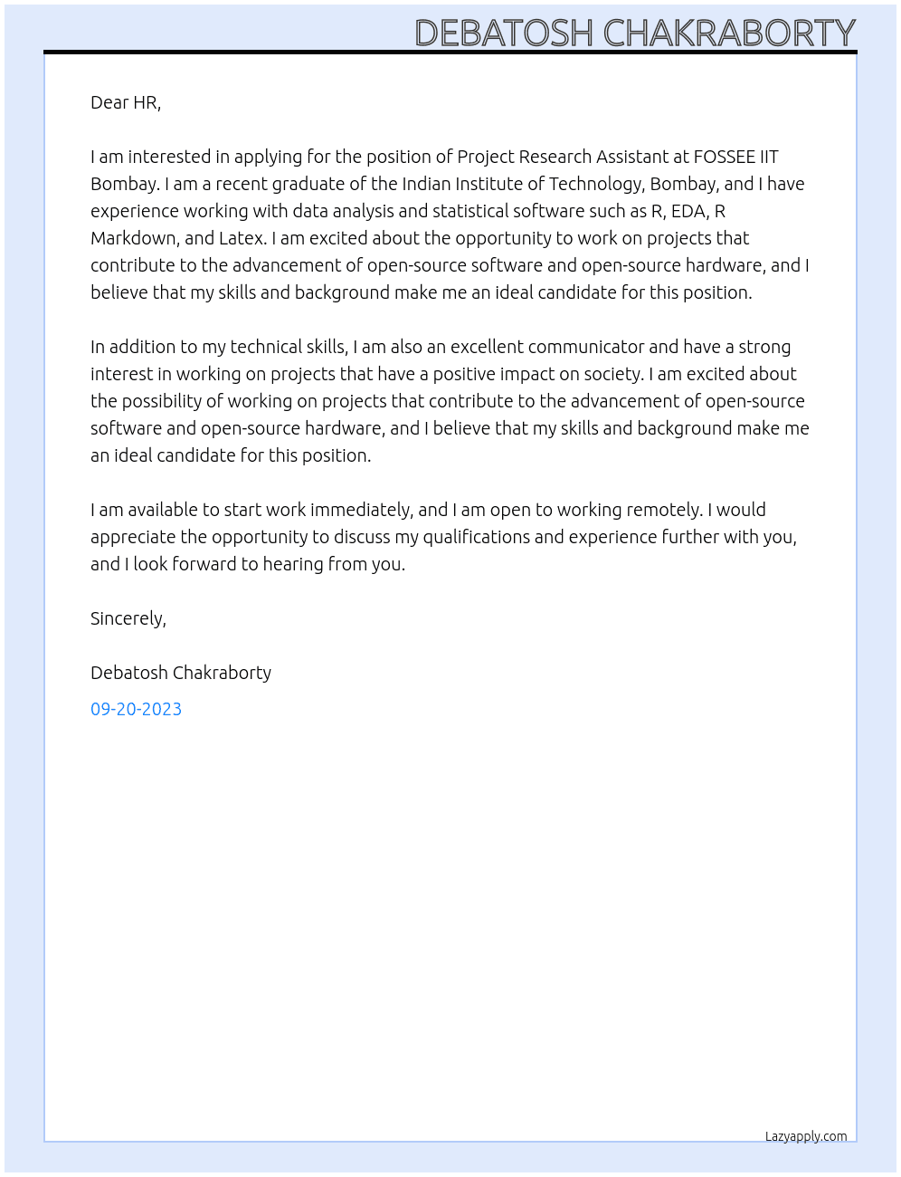 Project research assistant At FOSSEE IIT Bombay Cover Letter