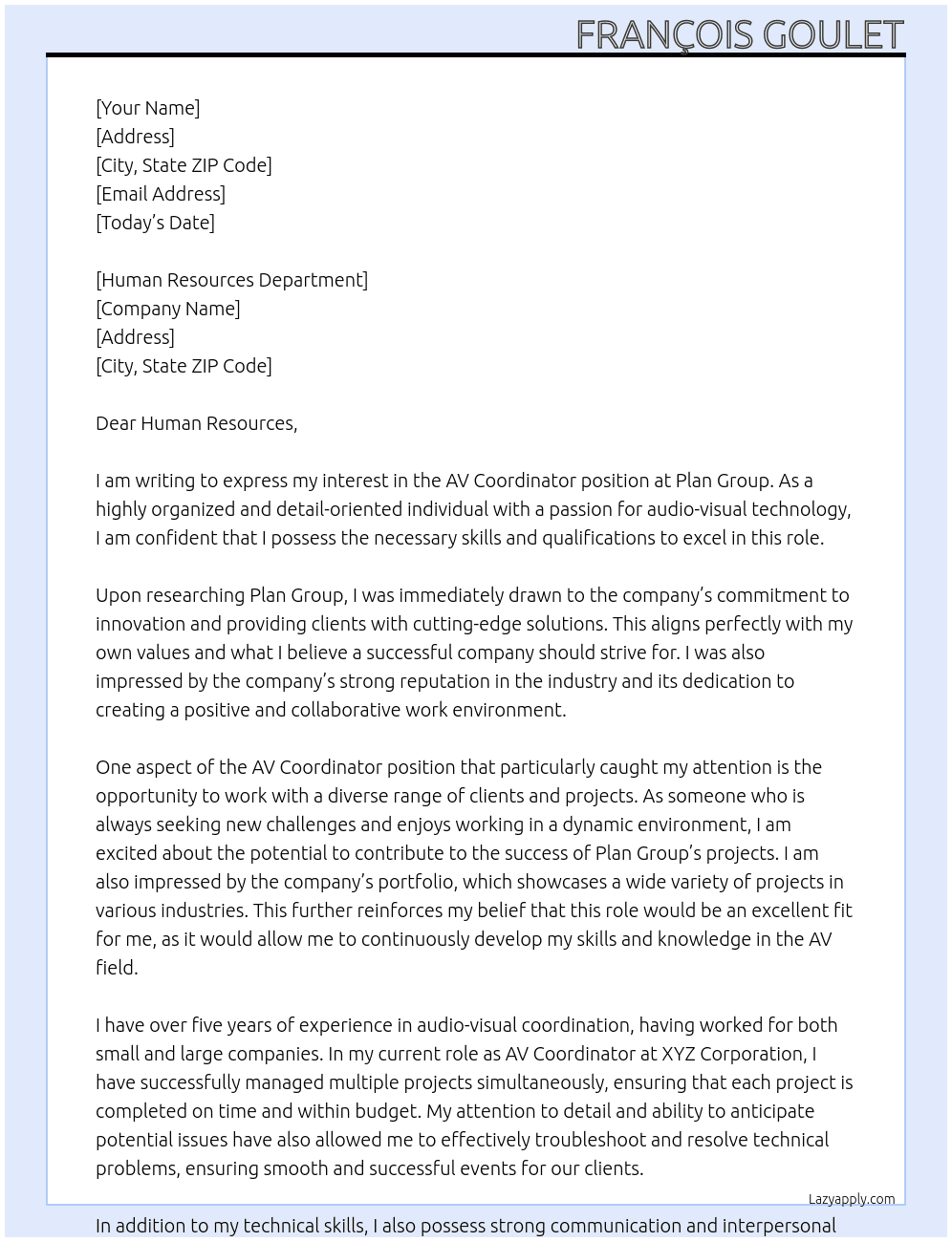 Av coordinator At Plan Group Cover Letter