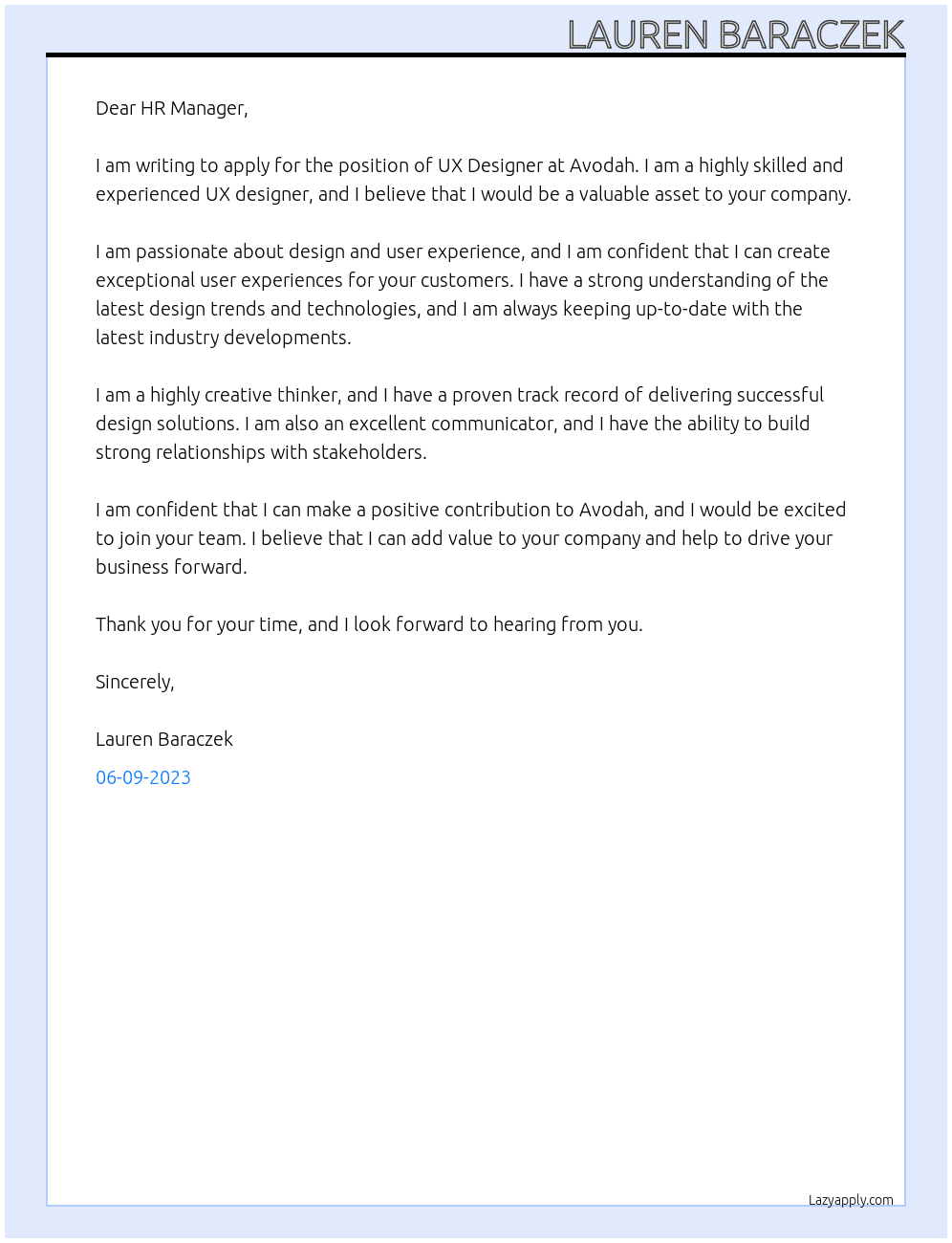 UX Designer At Avodah Cover Letter