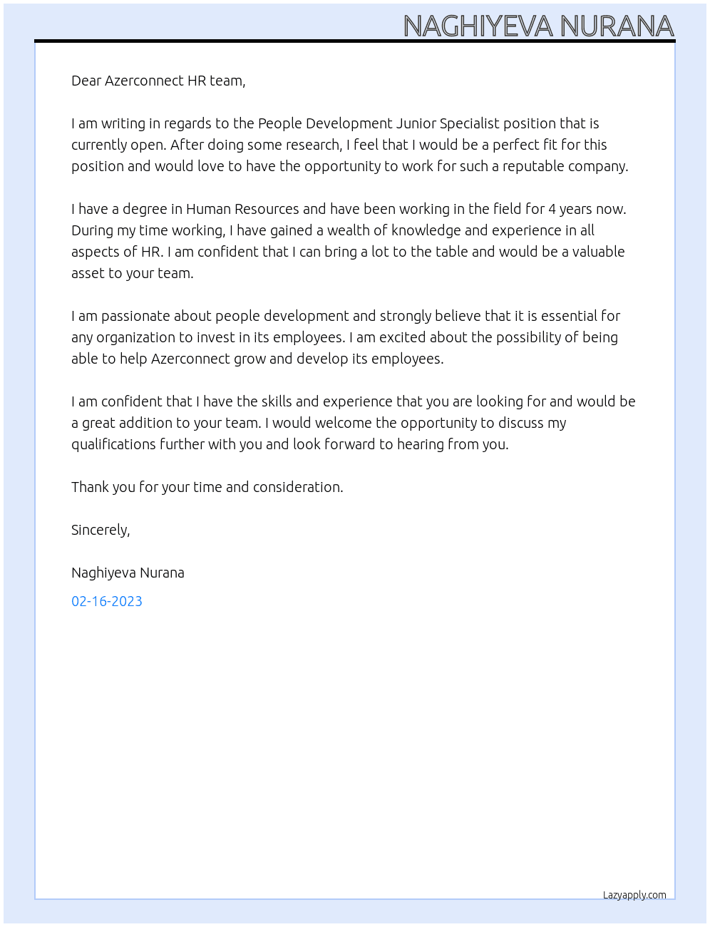 People Development Junior Specialist At Azerconnect Cover Letter