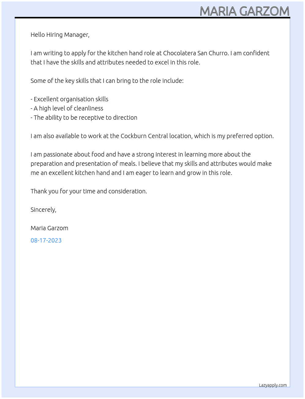 Kitchen Hand At Chocolatera San Churro Cover Letter