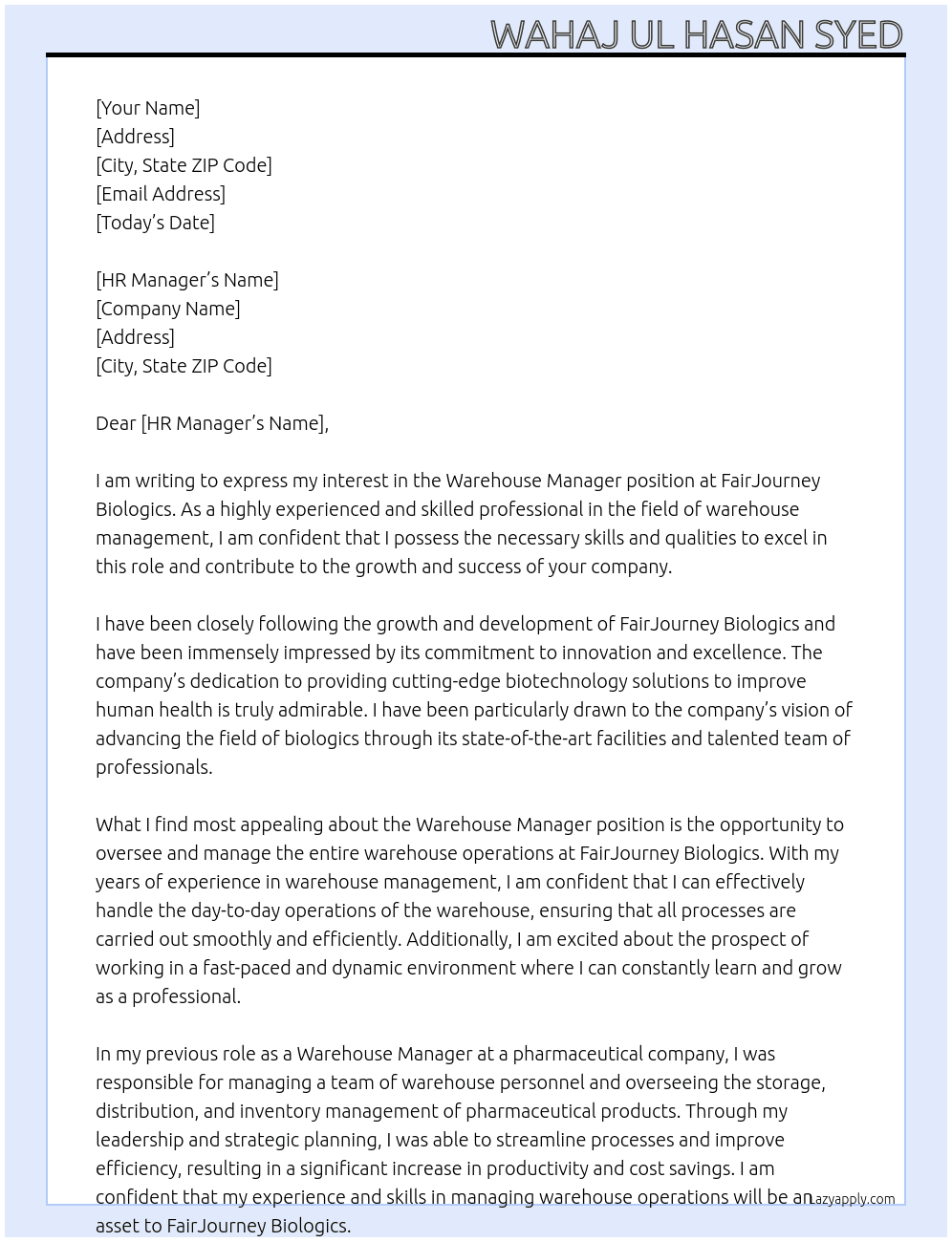 Warehouse Manager At FairJourney Biologics Cover Letter