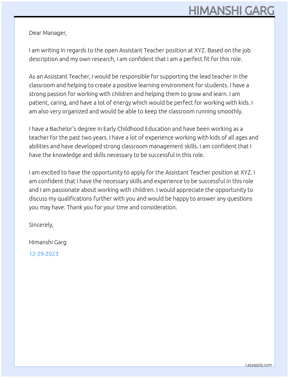 Assistant Teacher At XYZ Cover Letter