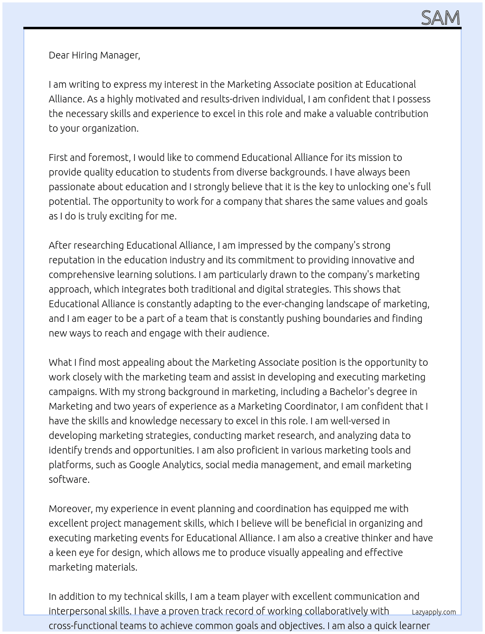 Marketing Associate At Educational Alliance Cover Letter