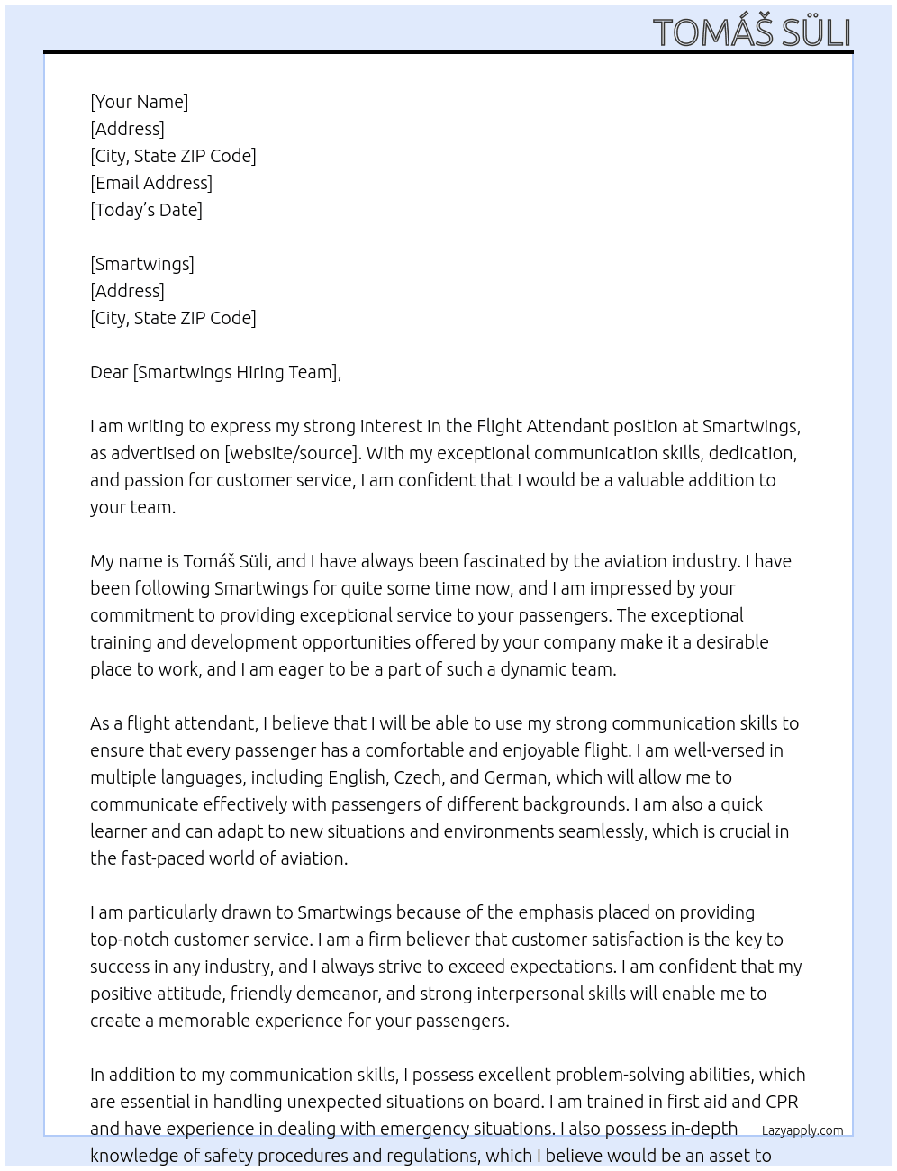 Flight attendant At Smartwings Cover Letter
