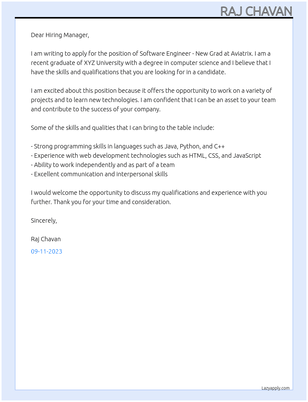 Software Engineer - New Grad At Aviatrix Cover Letter