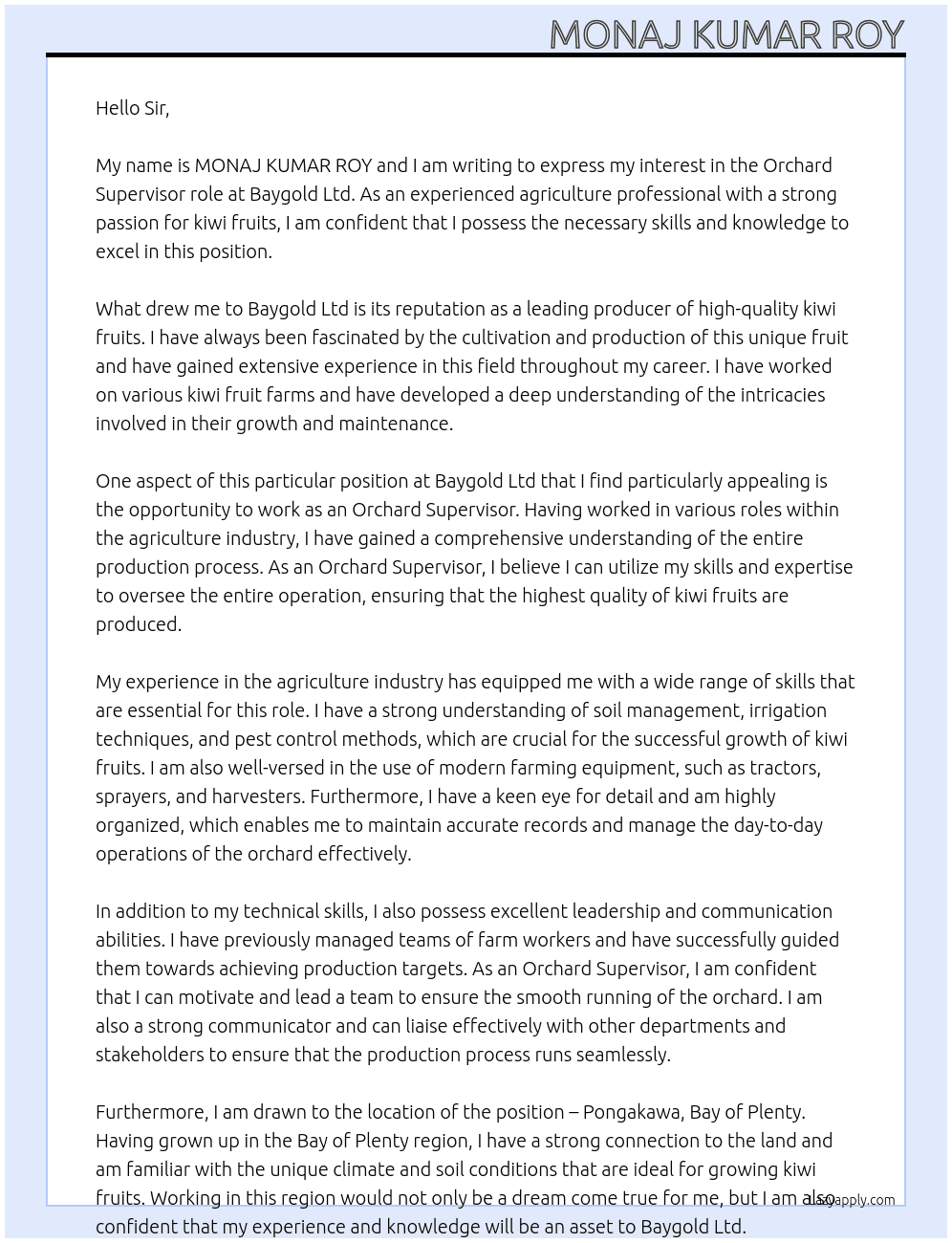 Cover letter for orchard supervisor - LazyApply
