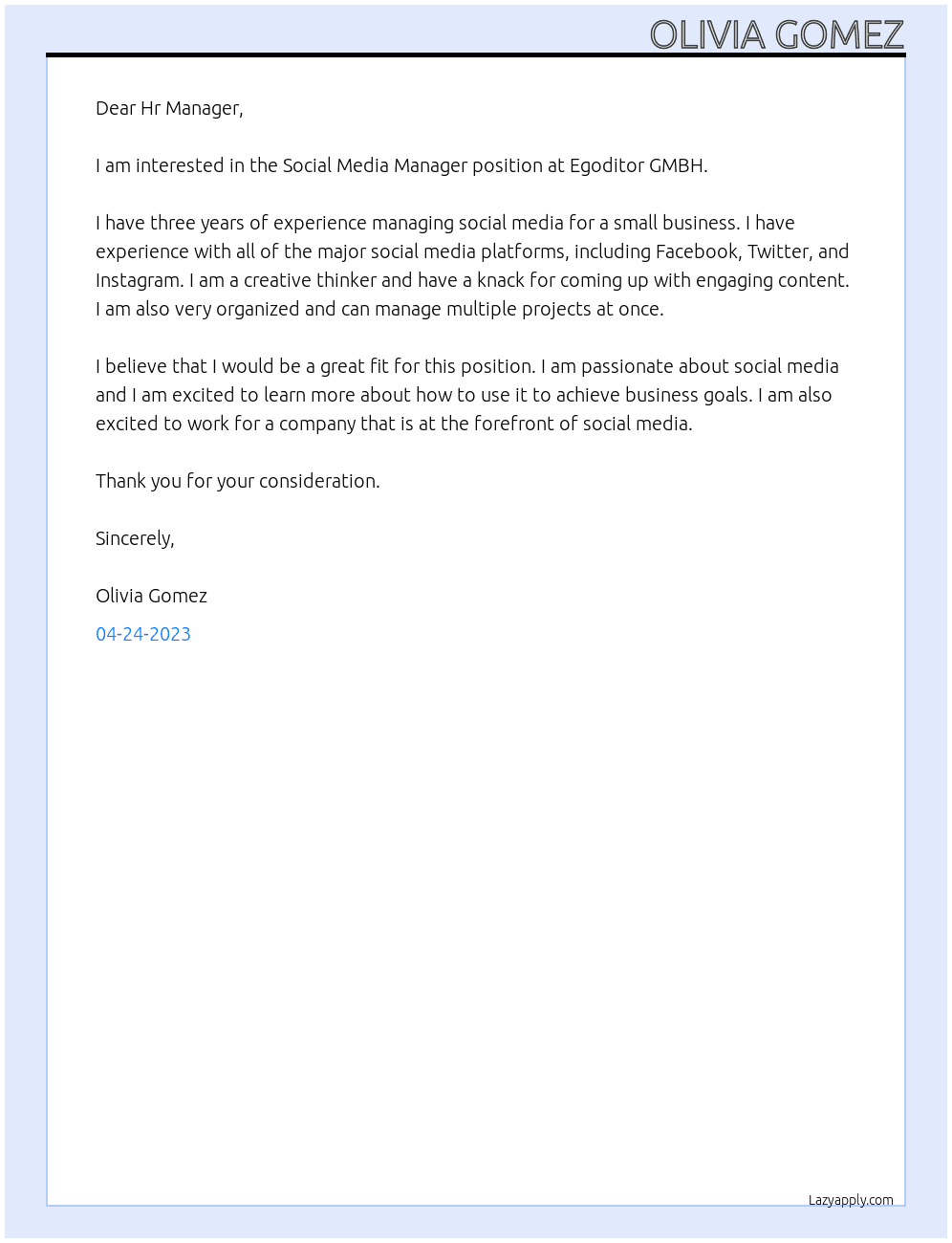 Social Media Manager At Egoditor GMBH Cover Letter