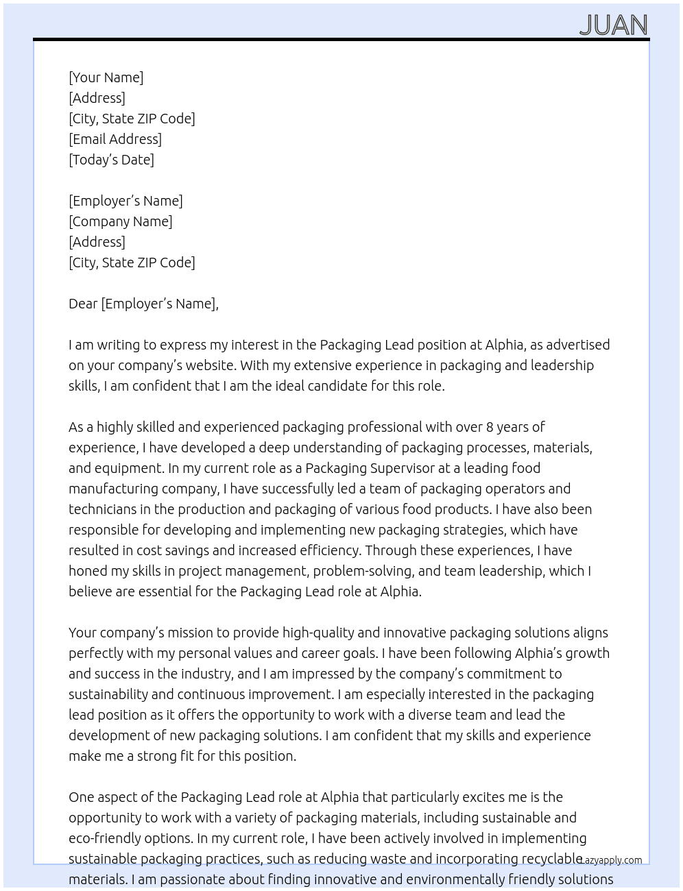 Packaging lead At Alphia Cover Letter