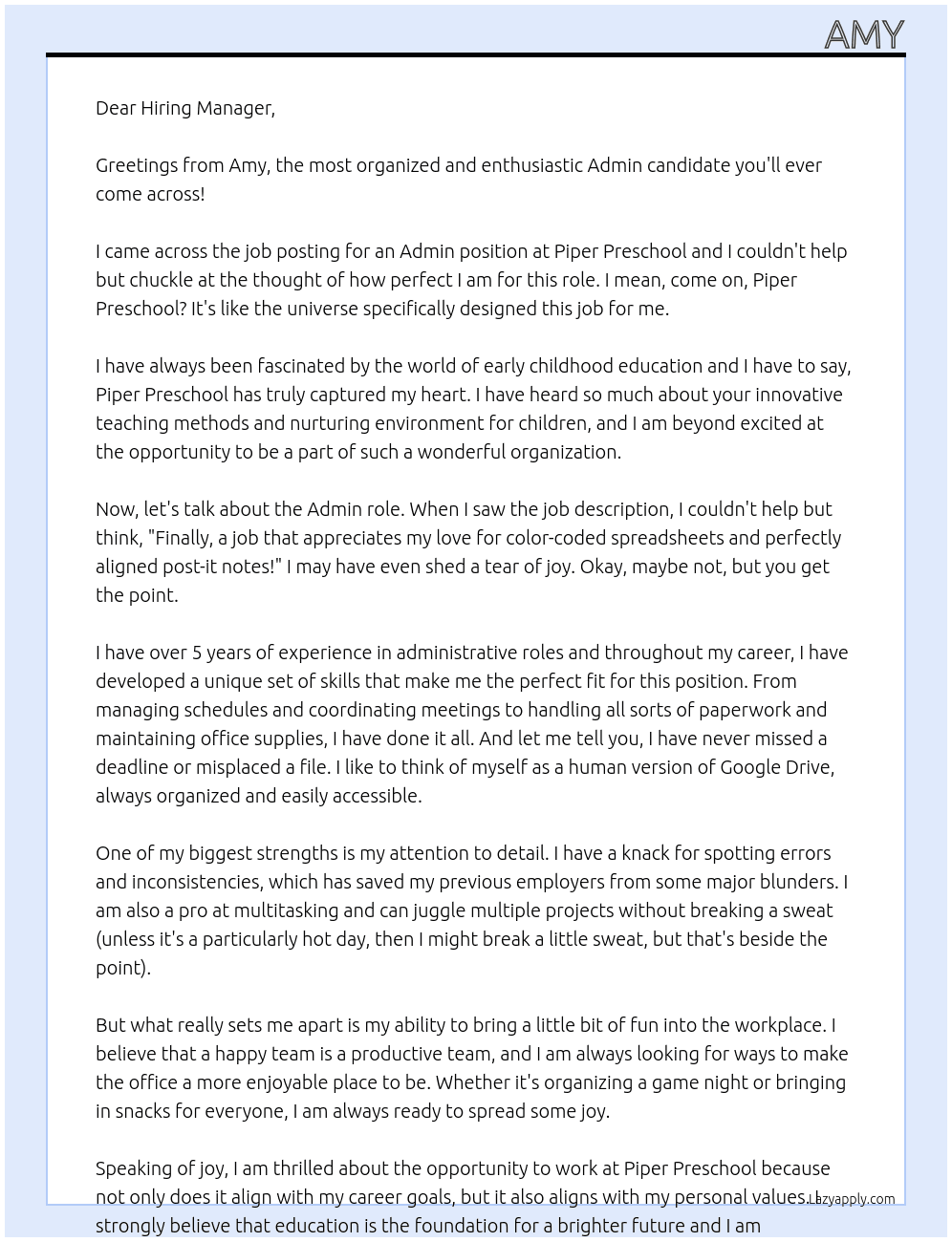 Admin  At Piper Preschool Cover Letter