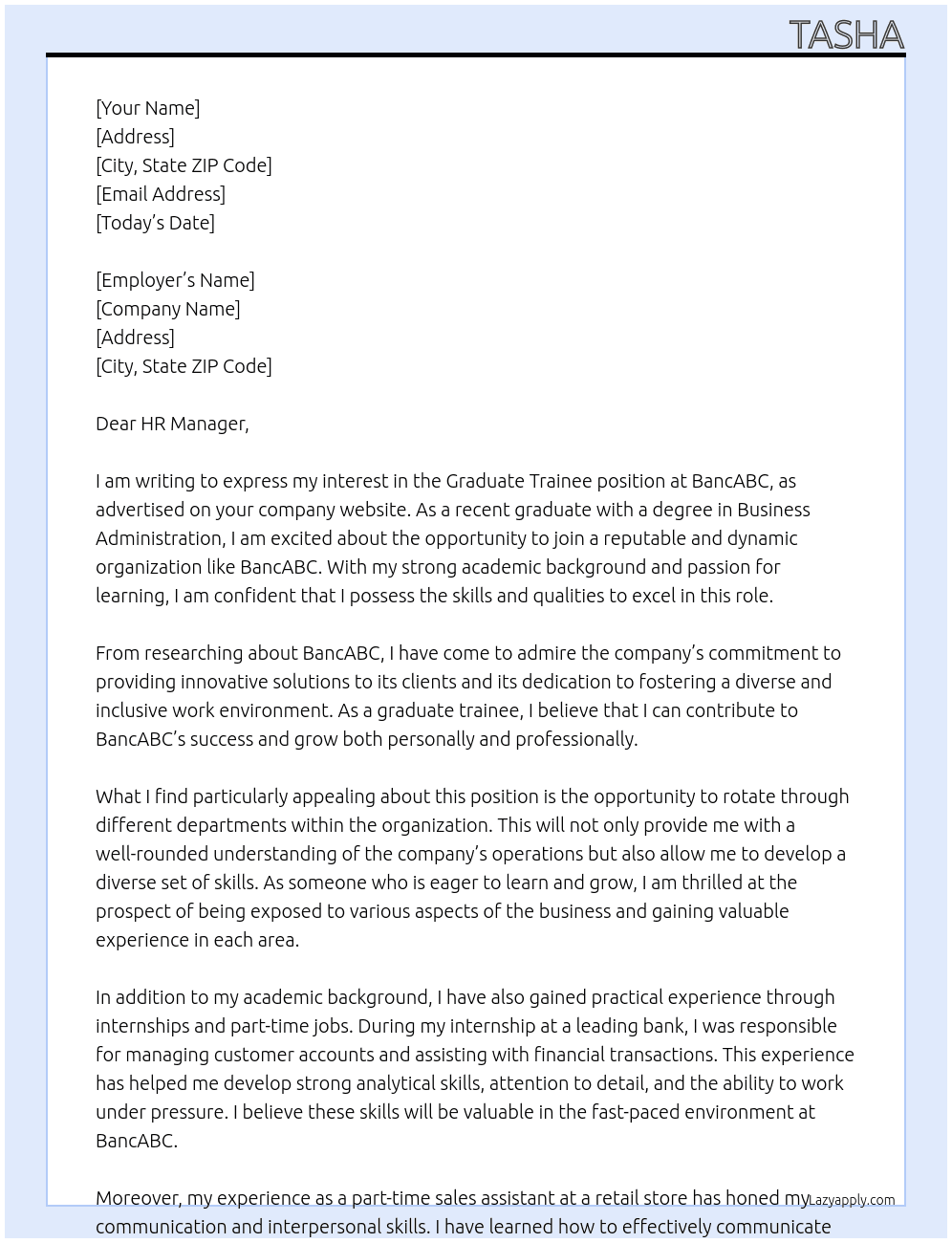 Graduate trainee At BancABC Cover Letter