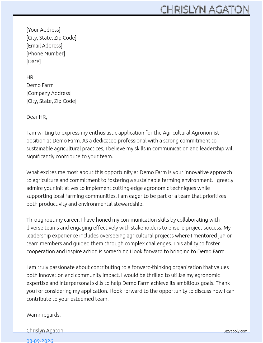Agricultural Agronomist Office  At Demo Farm Cover Letter