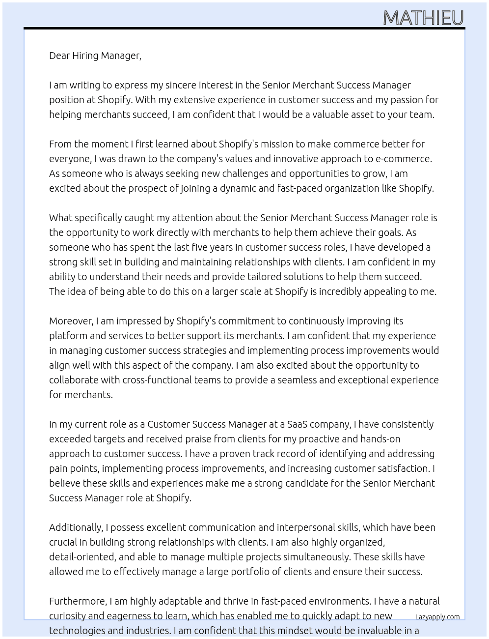Senior Merchant Success Manager At Shopify Cover Letter