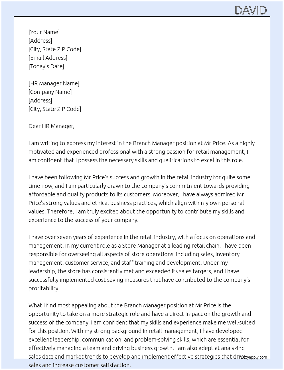 Branch Manager  At Mr Price Cover Letter