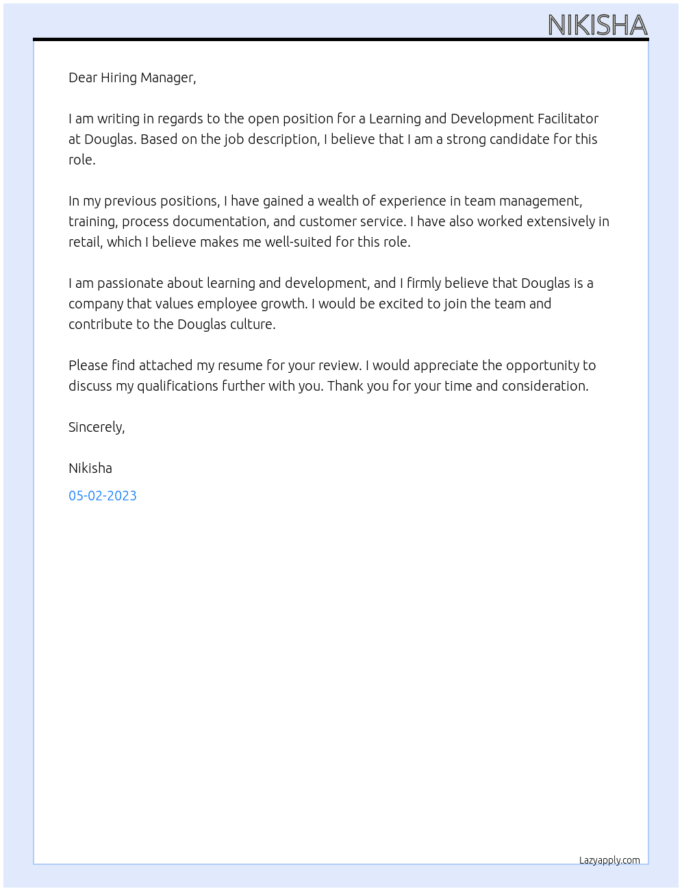 learning and development facilitator At douglas Cover Letter