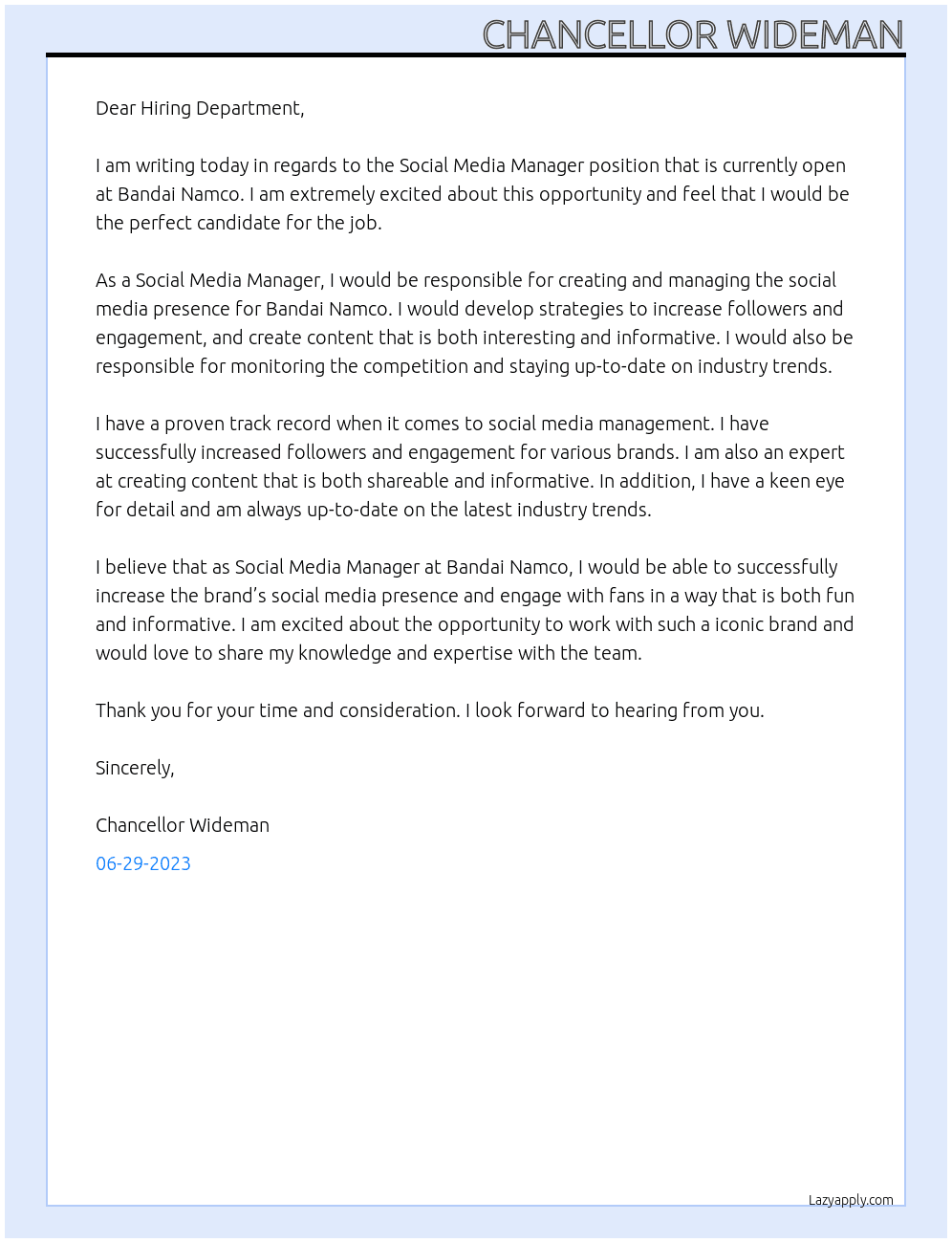 Social Media Manager  At Bandai Namco  Cover Letter