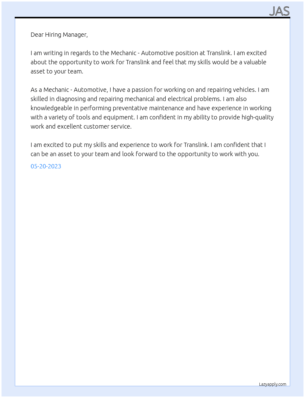 Mechanic - Automotive At Translink Cover Letter