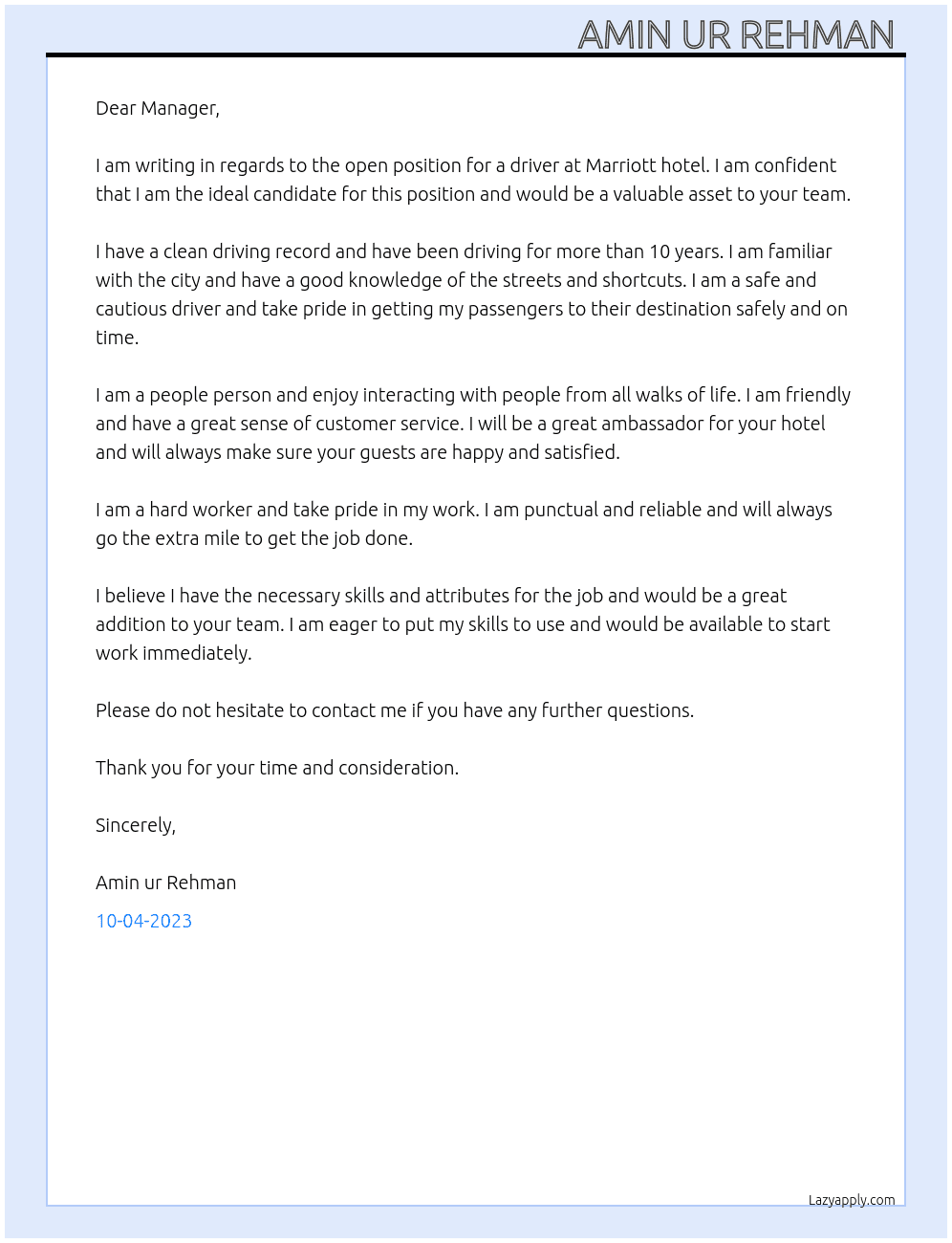 Driving  At Marriott hotel  Cover Letter