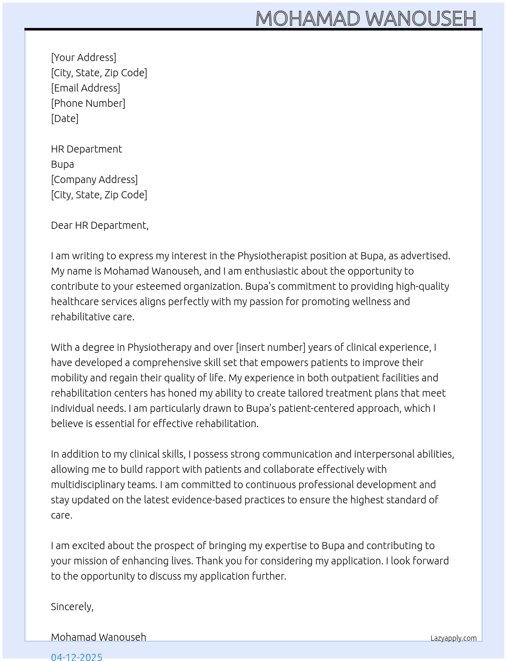 Physiotherapist  At Bupa Cover Letter