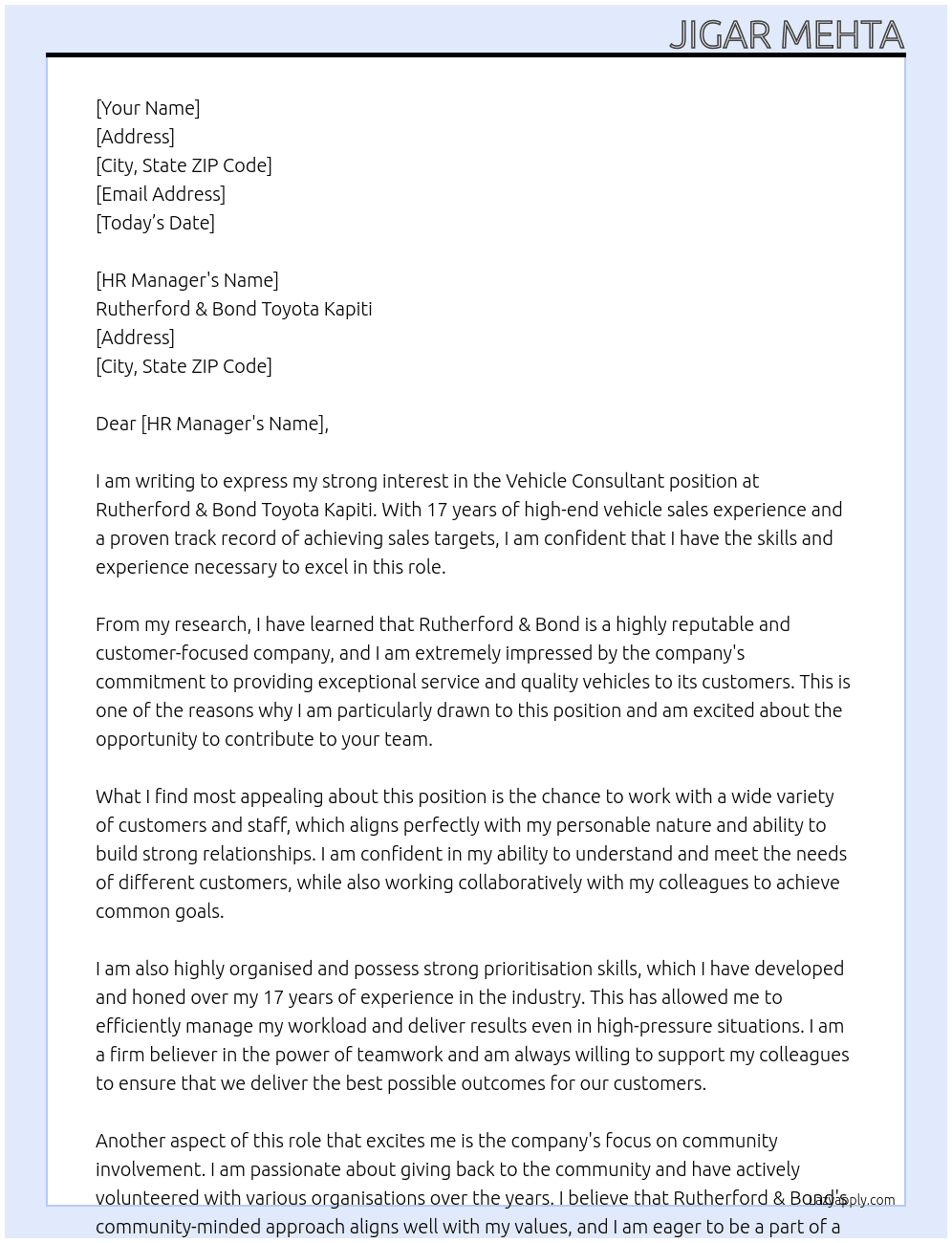 Vehicle Consultant At Rutherford & Bond Toyota Kapiti Cover Letter