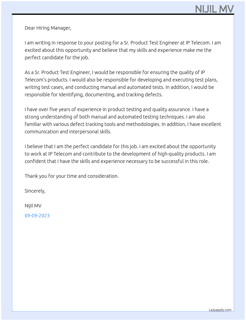 Sr. Product Test Engineer At IP TELECOM Cover Letter