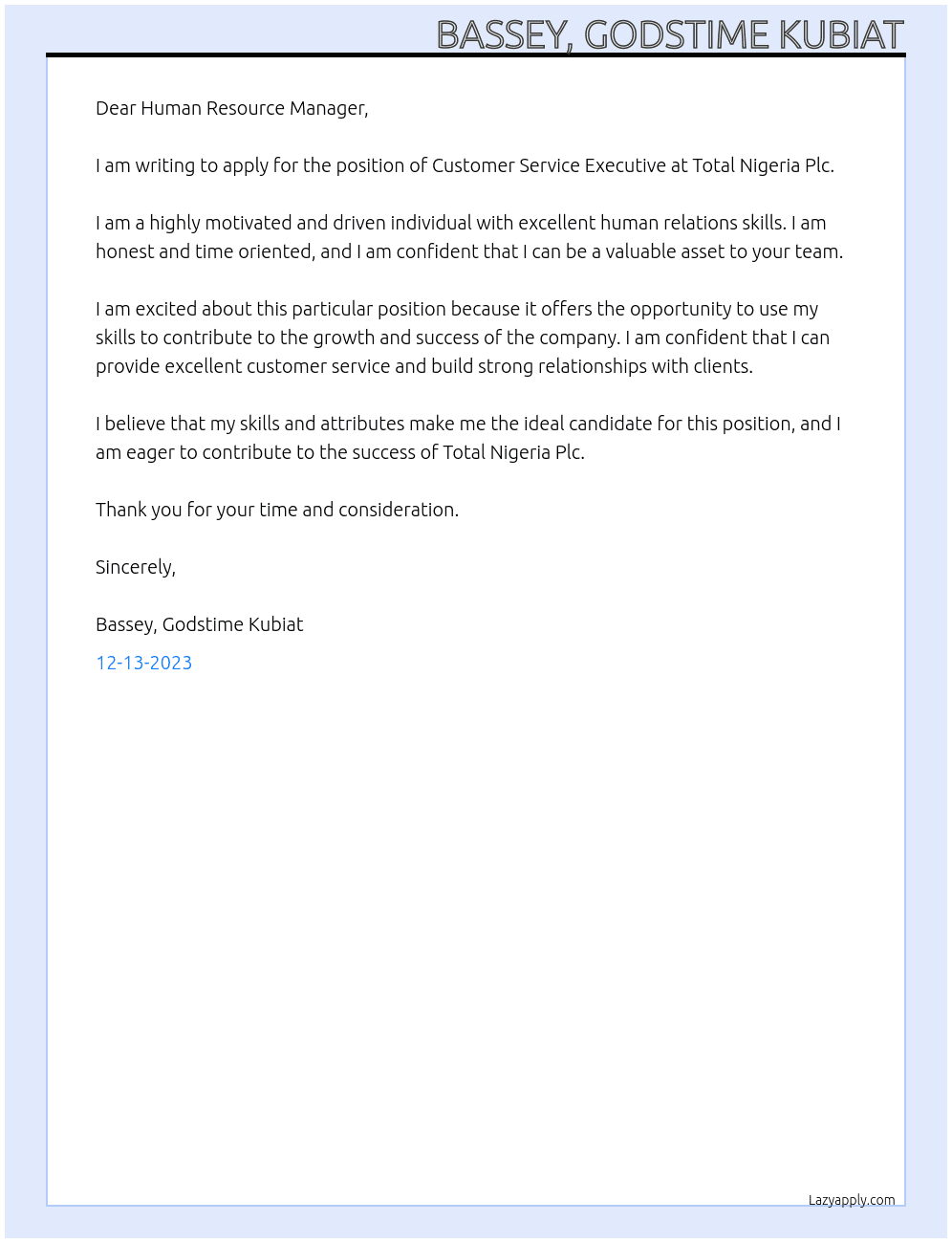 Customer Service Executive  At Total Nigeria Plc Cover Letter