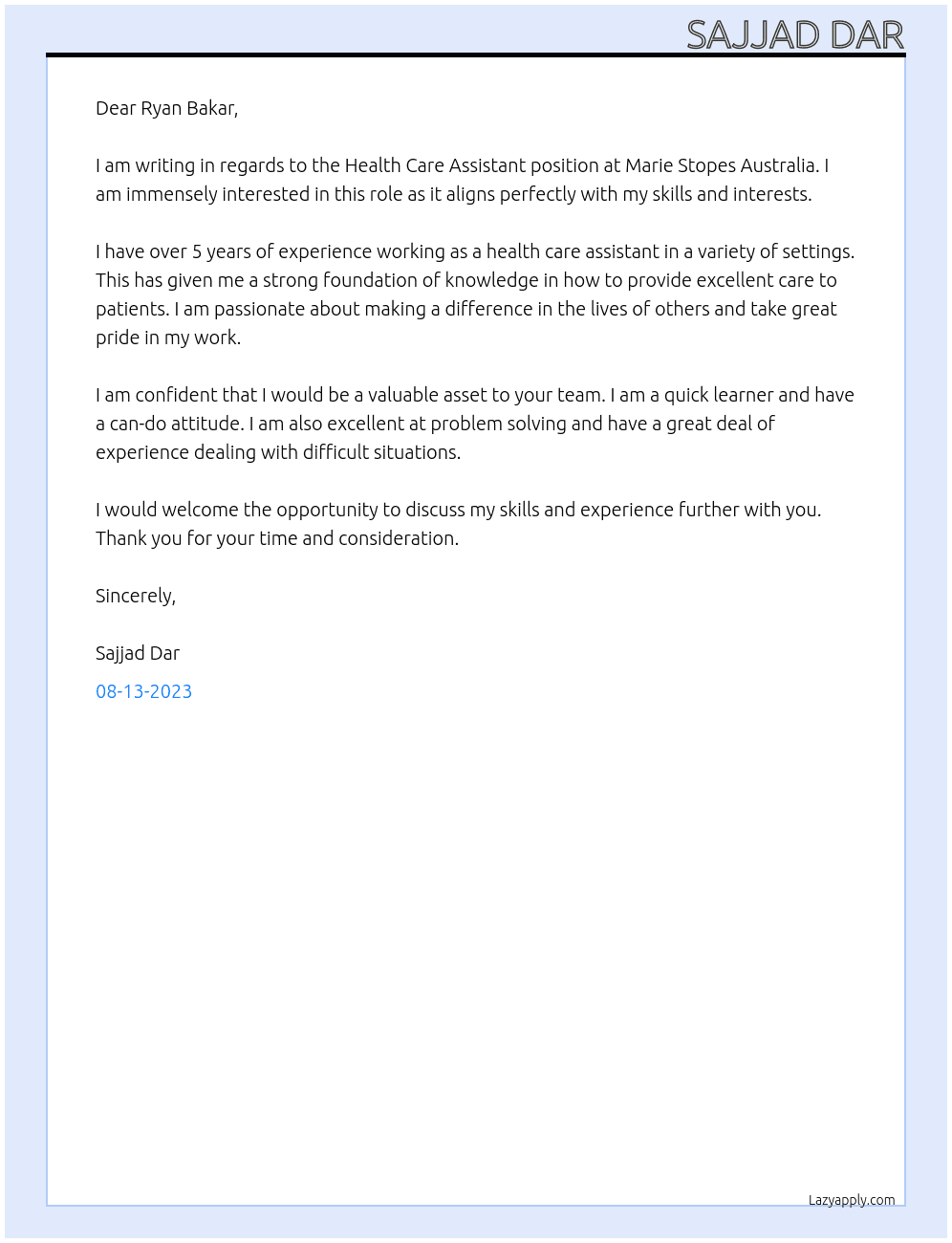 HEALTH CARE ASSISTANT  At MARIE STOPES AUSTRIALIA Cover Letter