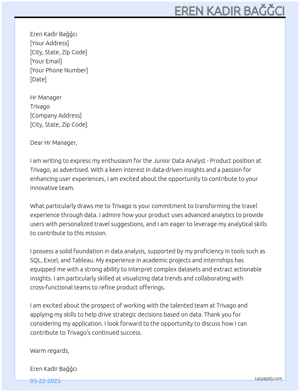 Junior Data Analyst - Product At Trivago Cover Letter