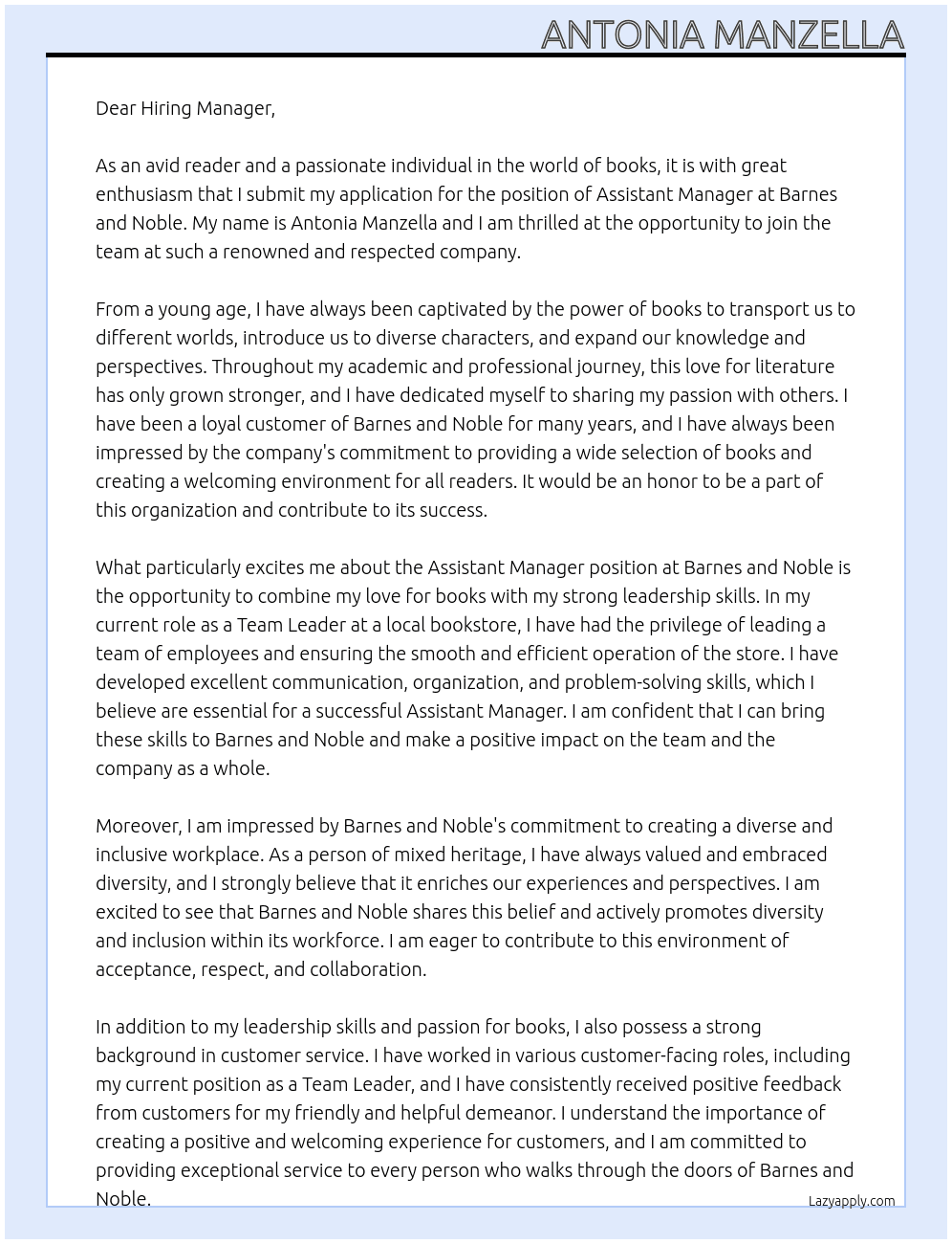 Assistant Manager  At Barnes and Noble Cover Letter