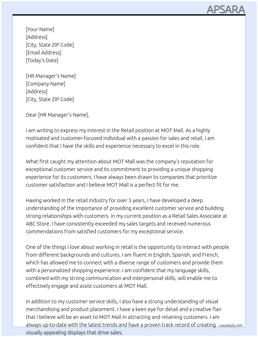 Retail in a mall At MOT Cover Letter