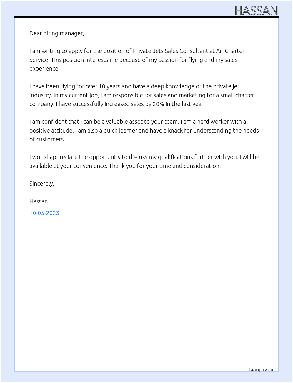 Private Jets Sales Consultant At Air Charter Service Cover Letter