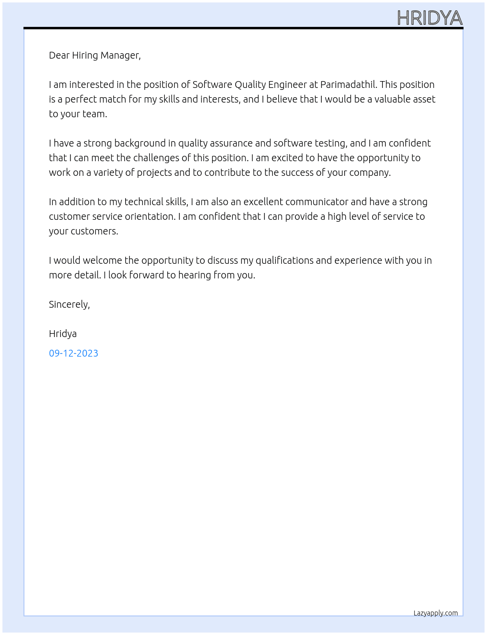 Software Quality Engineer At Parimadathil Cover Letter