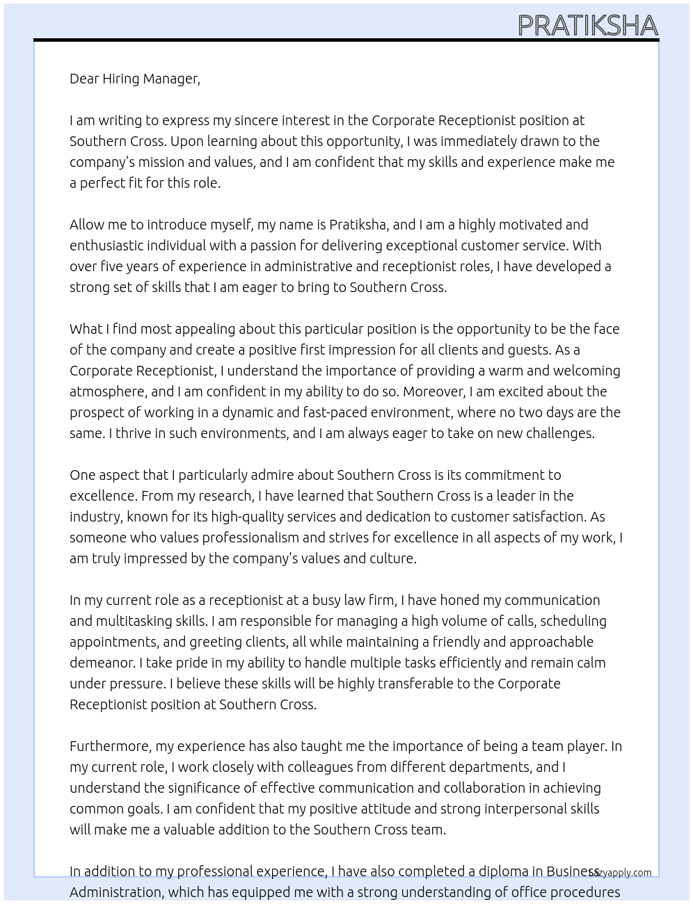 Corporate Receptionist At Southern Cross Cover Letter