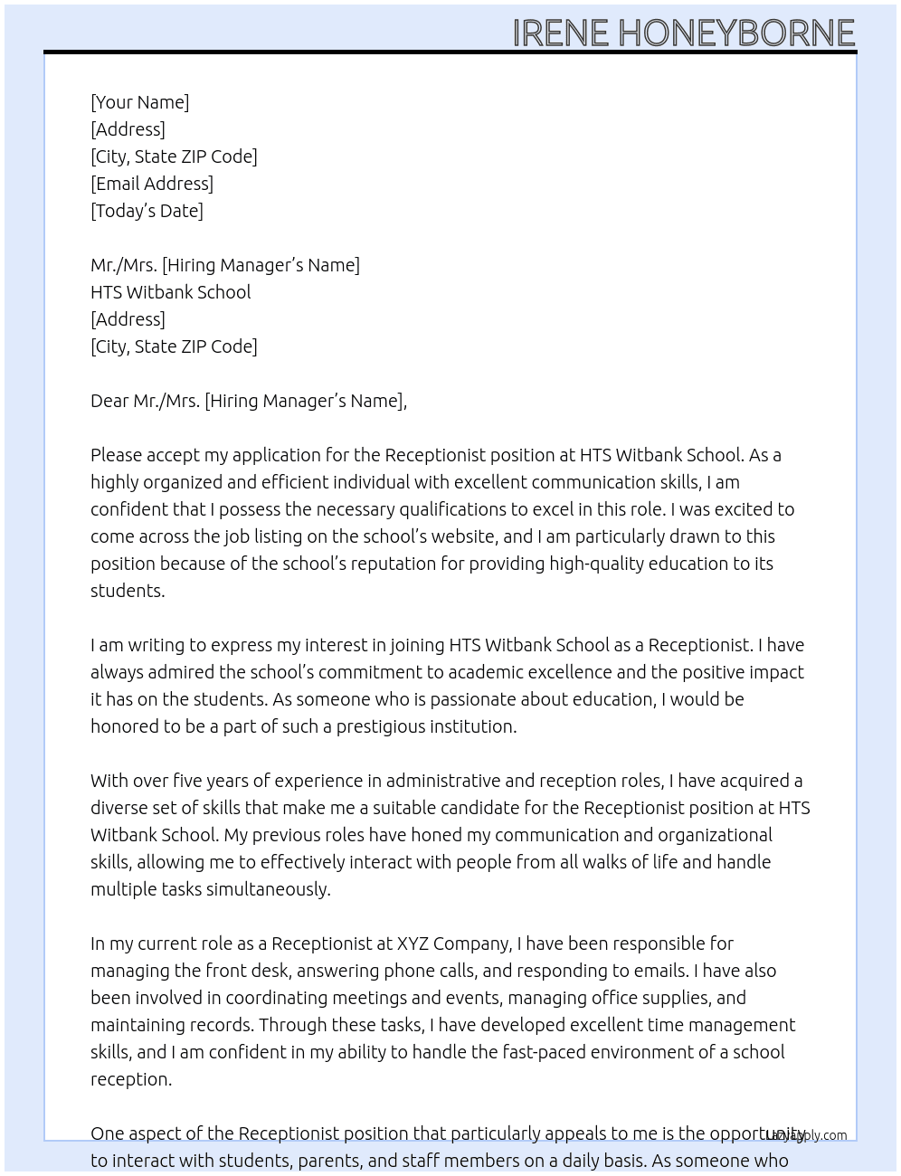 Reception At HTS Witbank School Cover Letter