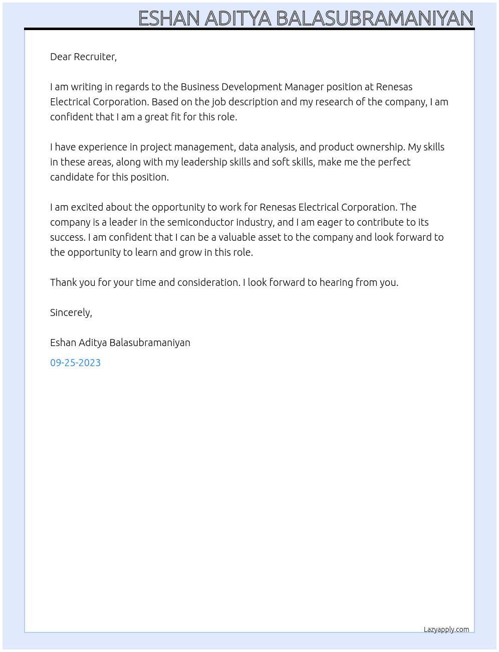 Business Development Manager At Renesas Electrical Corporation Cover Letter