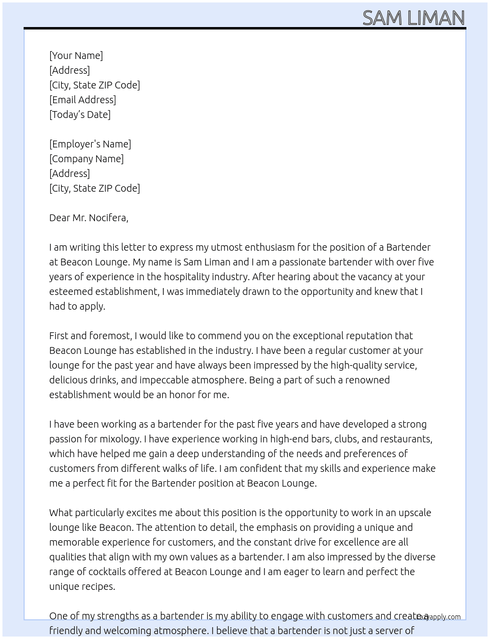 Bartender At Beacon Lounge Cover Letter