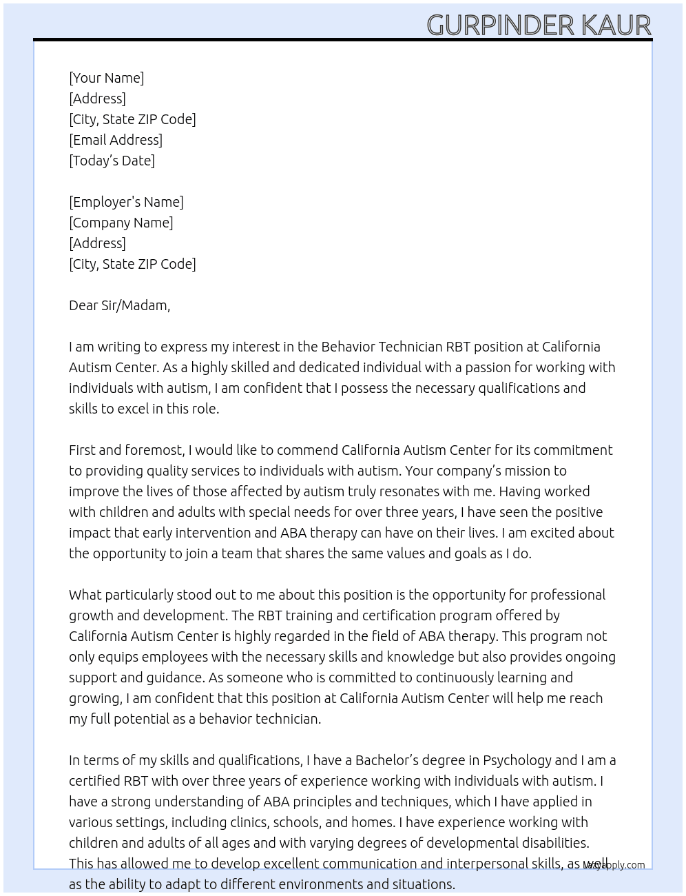 behavior technician RBT At California autism center Cover Letter