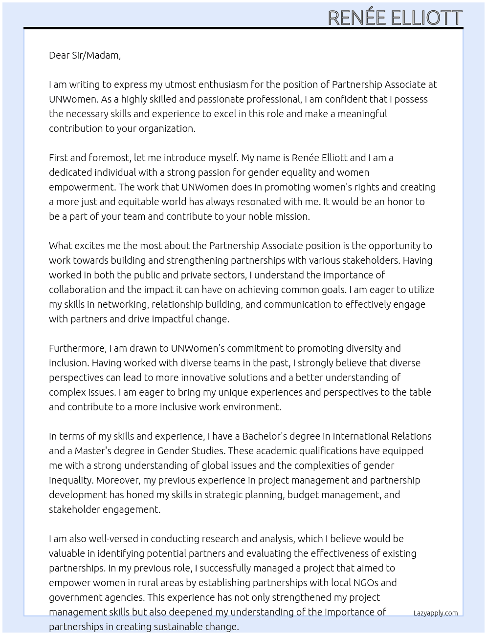 Partnership Associate At UNWomen Cover Letter