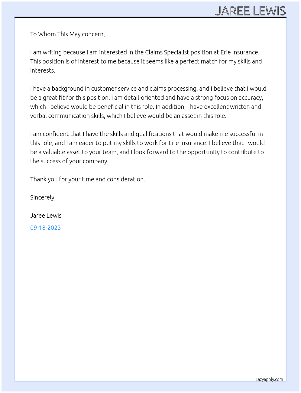 Claims Specialist At Erie Insurance Cover Letter