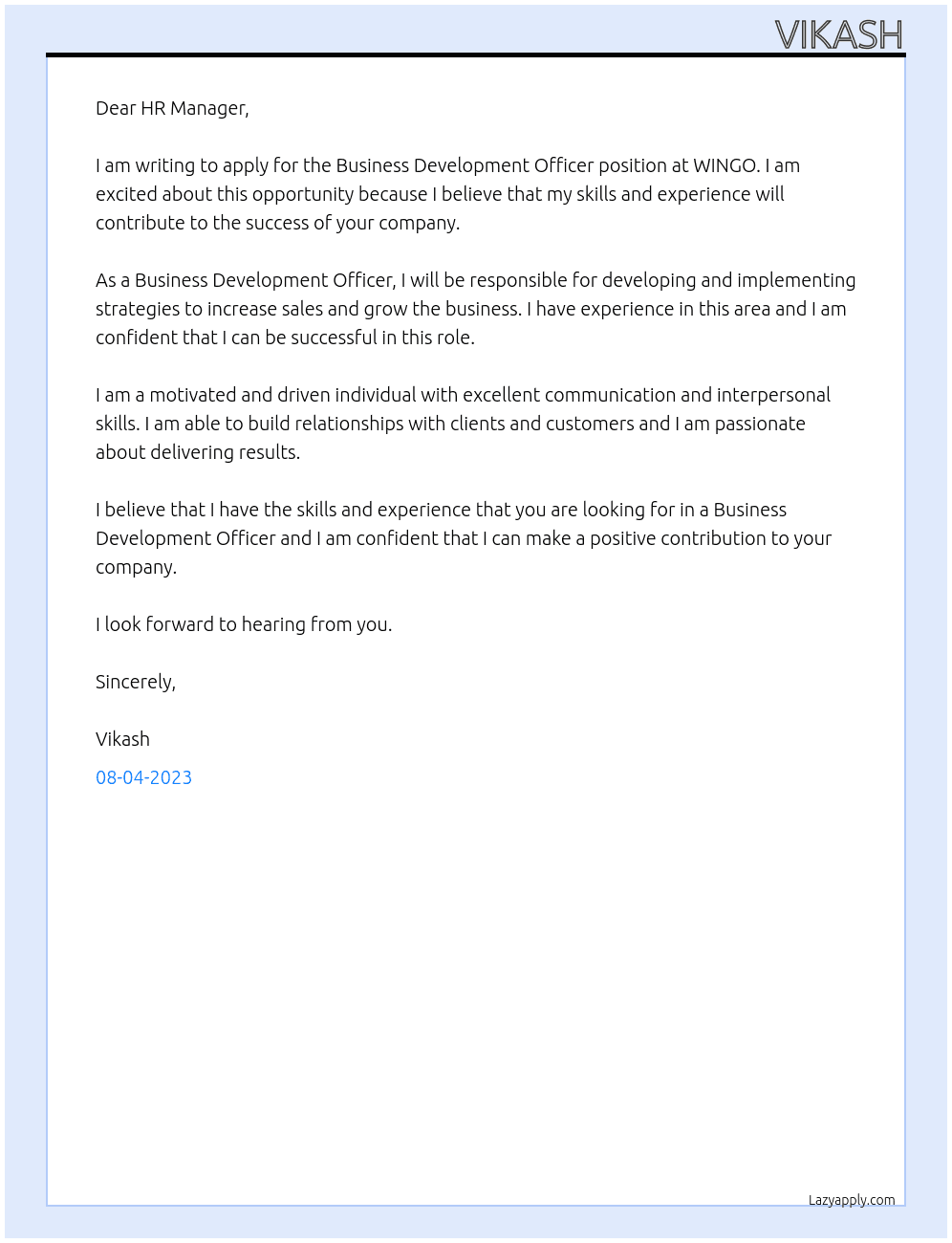 Business Development officer At WINGO Cover Letter