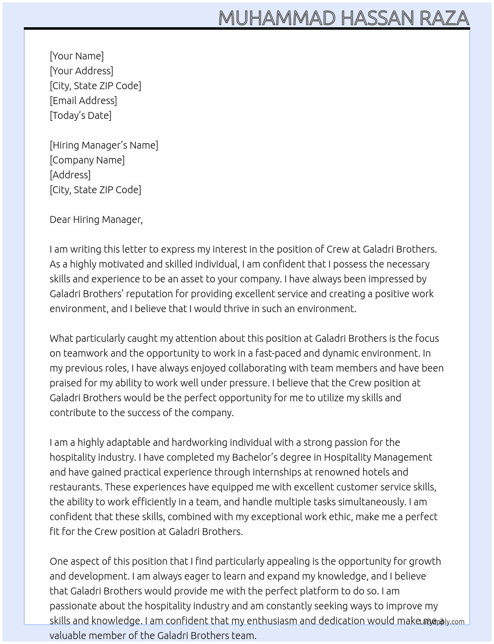 Crew At Galadri Brothers Cover Letter