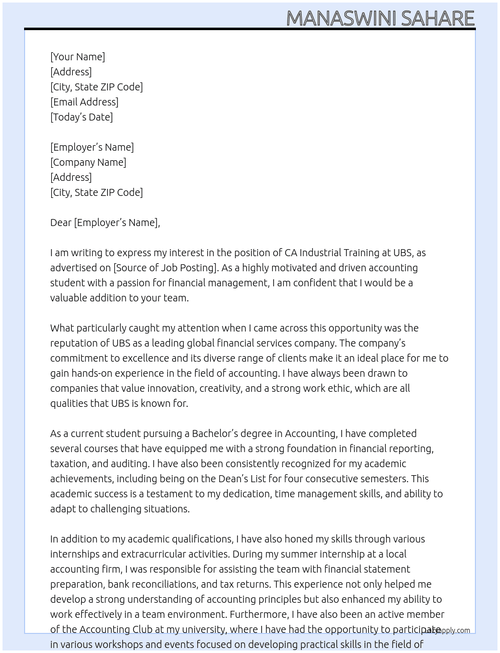 CA Industrial Training At UBS Cover Letter
