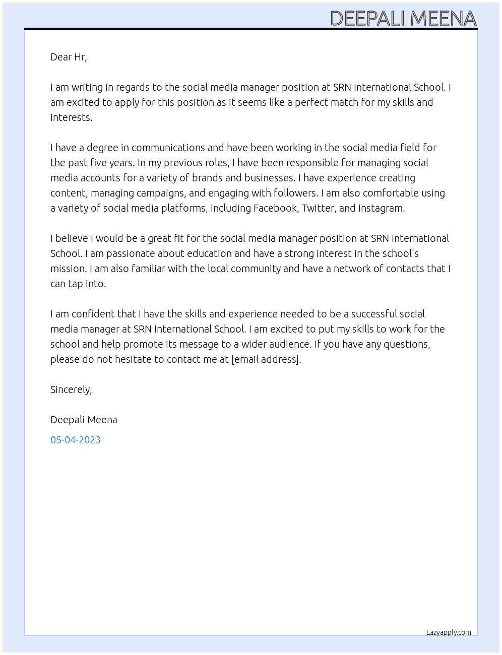 Social media manager  At SRN International School  Cover Letter