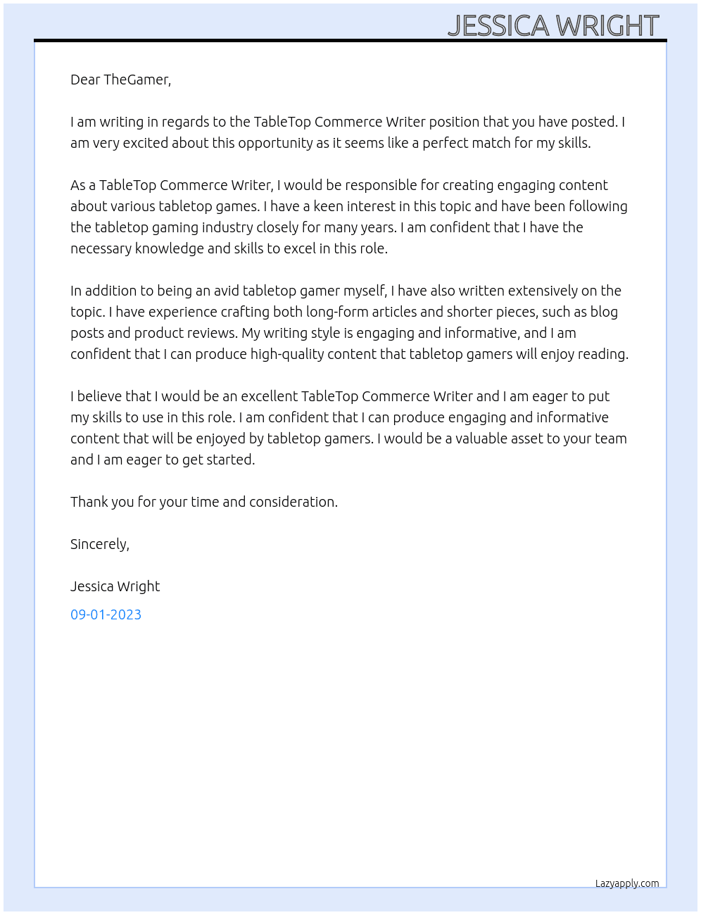 TableTop Commerce Writer At TheGamer Cover Letter