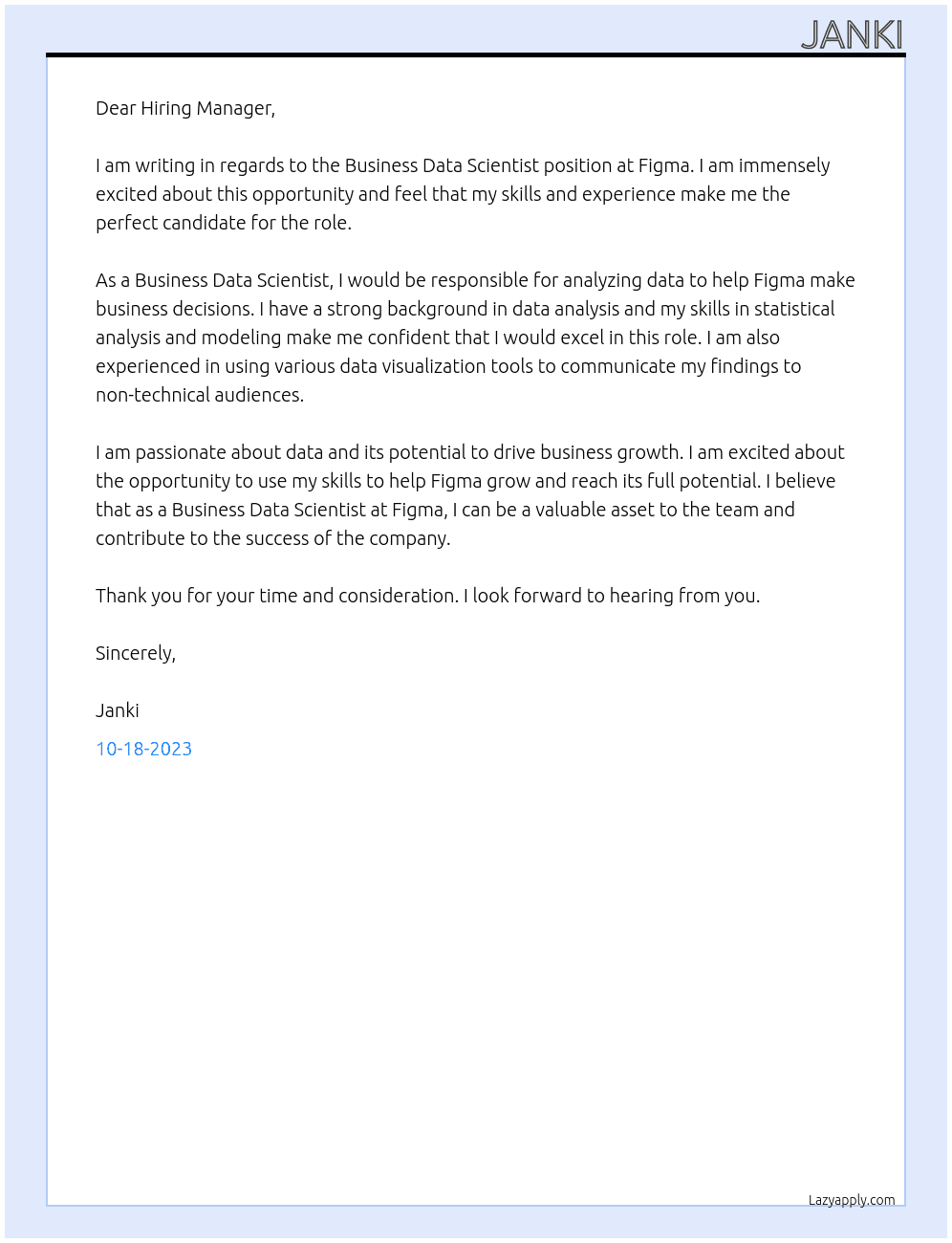Business Data Scientist At Figma Cover Letter